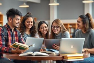 Hallgatók csoportja laptopokkal és könyvekkel tanulás közben