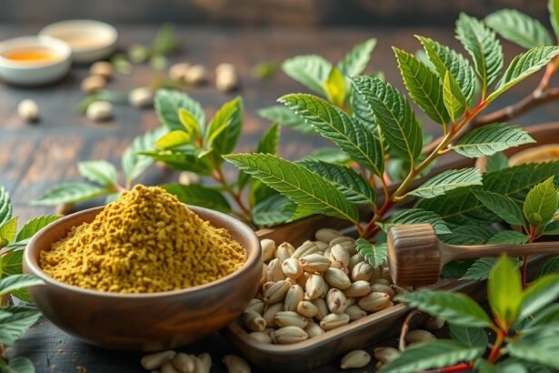 Moringa por és levelek, egészséges táplálkozáshoz és bőrápoláshoz.