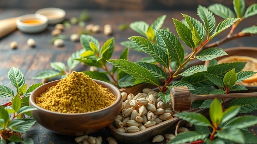 Moringa por és levelek, egészséges táplálkozáshoz és bőrápoláshoz.