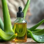 Aloe Vera illóolaj üveg cseppentővel, körülötte aloe vera levelek.