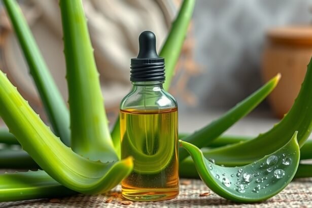 Aloe Vera illóolaj üveg cseppentővel, körülötte aloe vera levelek.