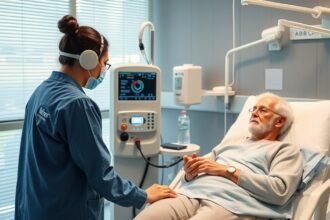 Orvosi ellátás oxigénkoncentrátor mellett idős betegnél