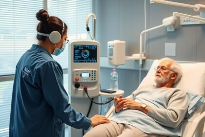 Orvosi ellátás oxigénkoncentrátor mellett idős betegnél