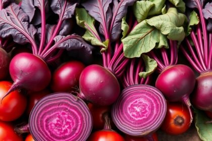 Friss nyers cékla és paradicsom, tápláló zöldségek.