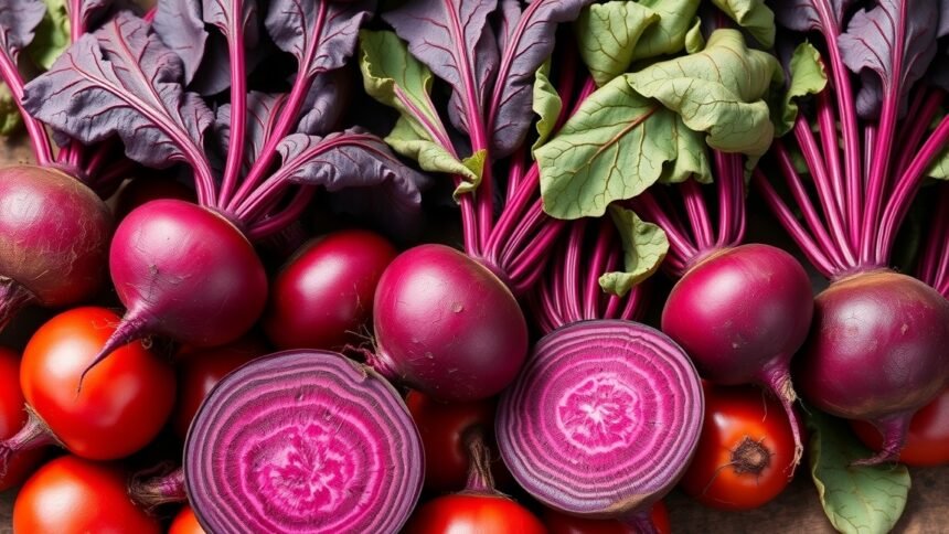 Friss nyers cékla és paradicsom, tápláló zöldségek.