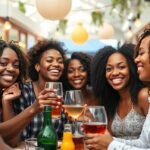 Baráti társaság alkoholmentes itallal ünnepel a kávézóban.