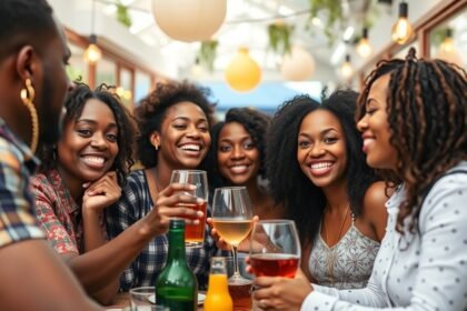 Baráti társaság alkoholmentes itallal ünnepel a kávézóban.