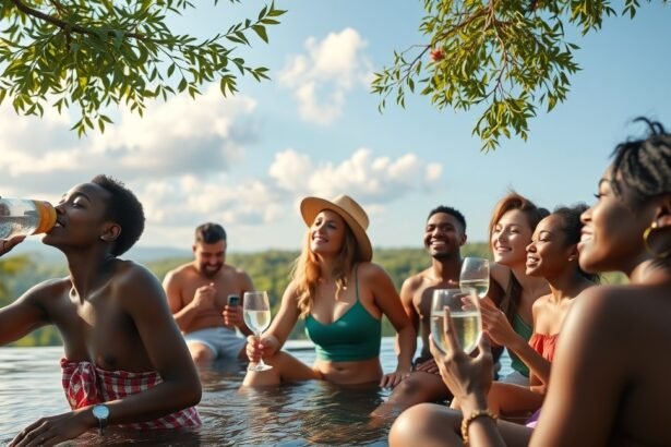 Fiatalok élvezik a természetben a hidratációt angol vízzel.