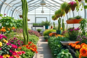 Színes virágok és növények üvegházban