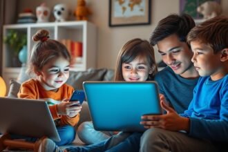 Gyermekek és szülő médiahasználat közben a nappaliban.