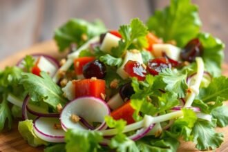 Friss cikória saláta színes zöldségekkel és dióval.