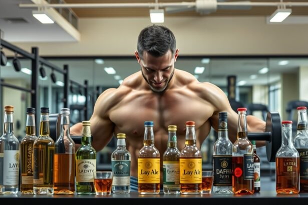 Férfi izommátnál alkoholtartalmú italokkal edzés közben