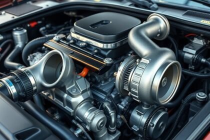 Turbófeltöltő an motorban, autótechnikai megoldás a teljesítmény növelésére.