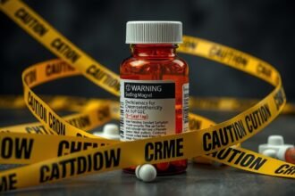 Dextrometorfán gyógyszeres palack figyelmeztető szalaggal