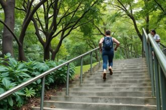 Férfi lépcsőn fut, zöld környezetben