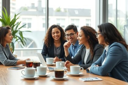 Csapatmunka kreatív ötletelés közben kávé mellett egy irodában.
