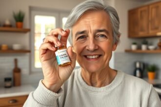 Idősödő ember kollagén kapszulával, fiatalos megjelenésért és ízületek védelméért.