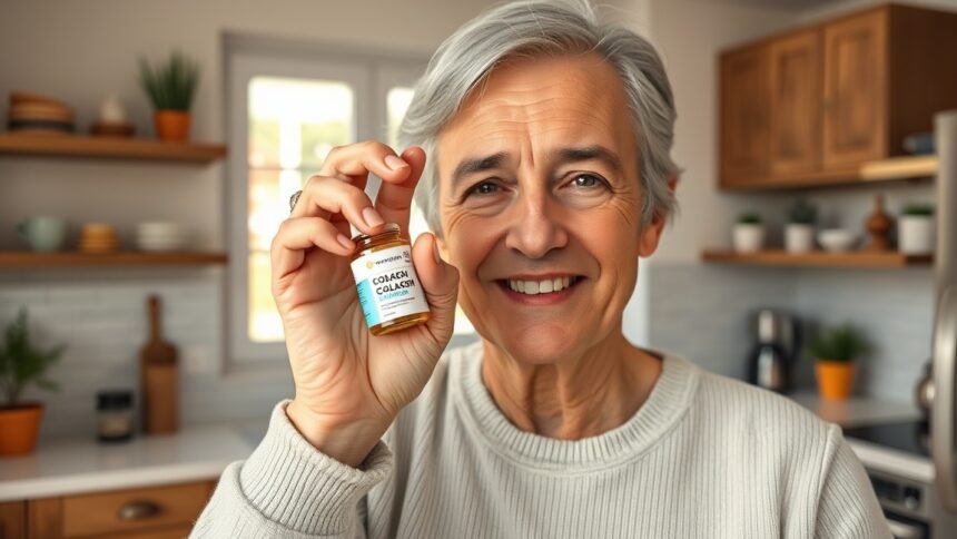 Idősödő ember kollagén kapszulával, fiatalos megjelenésért és ízületek védelméért.