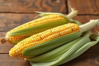 Friss kukorica csövek zöld héjjal, ízletes és tápláló