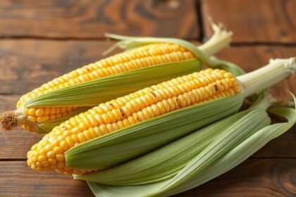 Friss kukorica csövek zöld héjjal, ízletes és tápláló