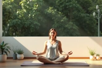 Nő meditál egy világos szobában, természetes fényben.