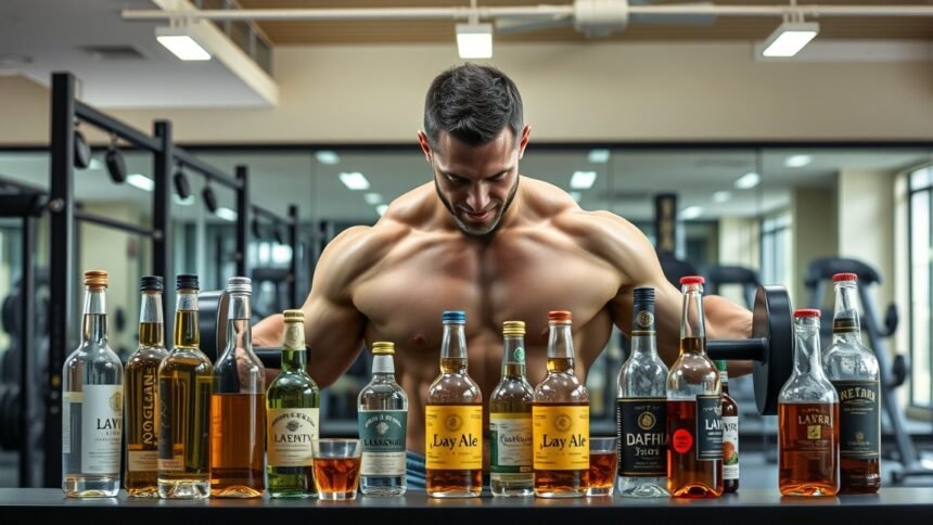 Férfi izommátnál alkoholtartalmú italokkal edzés közben