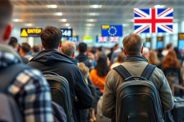 Brit utazók várakozása az EU beléptető rendszerénél a repülőtéren.