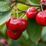 Friss, vízcseppekkel teli meggy gyümölcság