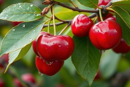 Friss, vízcseppekkel teli meggy gyümölcság