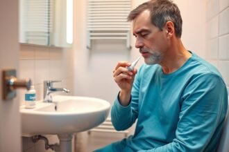 Férfi aranyér kezelése Hemorid kenőccsel egy vécén.