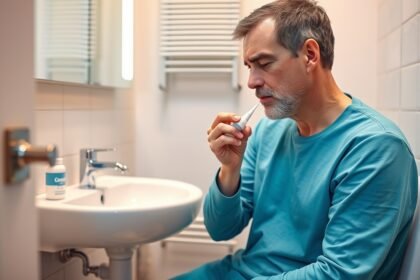 Férfi aranyér kezelése Hemorid kenőccsel egy vécén.