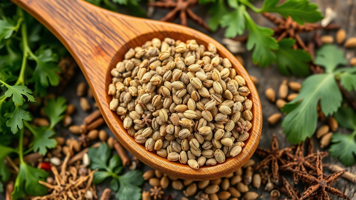 Fűszerkömény magok f wooden kanálban, körülfogva friss fűszernövényekkel.