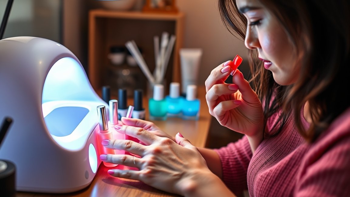 Gél lakk otthon: Útmutató a hibátlan és tartós manikűrhöz lépésről lépésre 1 Nő gél lakk manikűrözés közben UV lámpával otthoni környezetben.