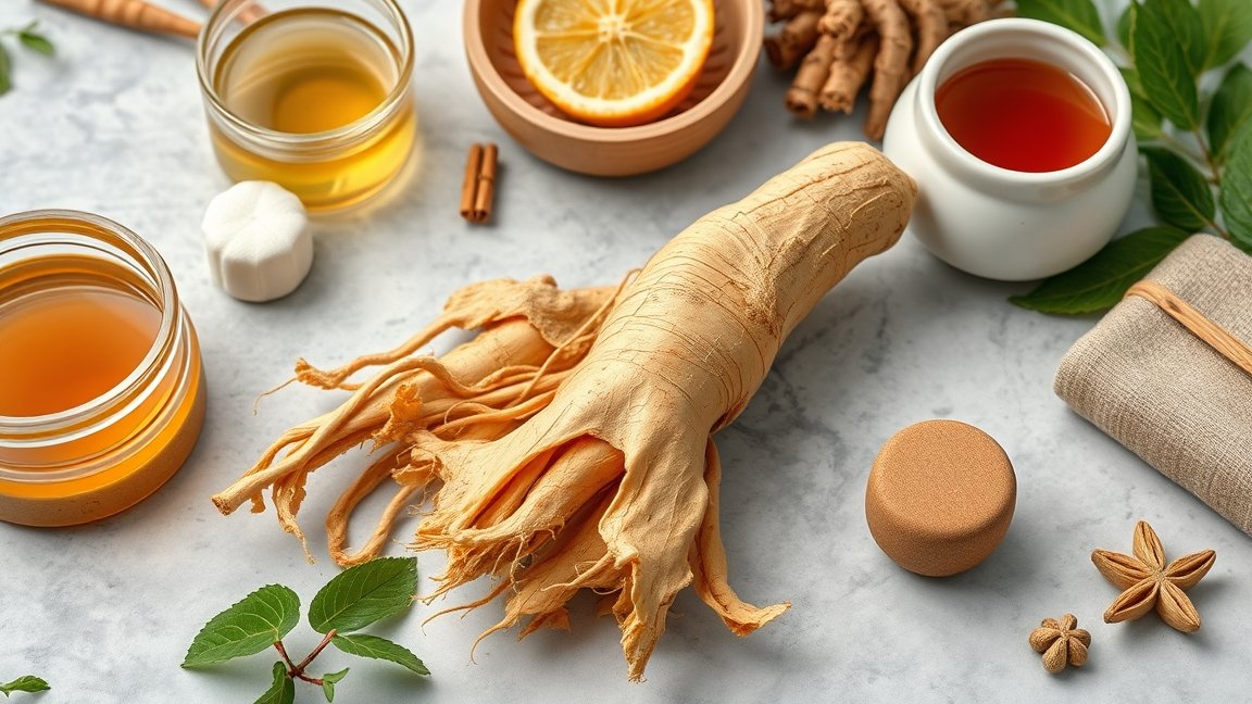 Ginzeng gyökér és különböző természetes gyógymódok az asztalon.