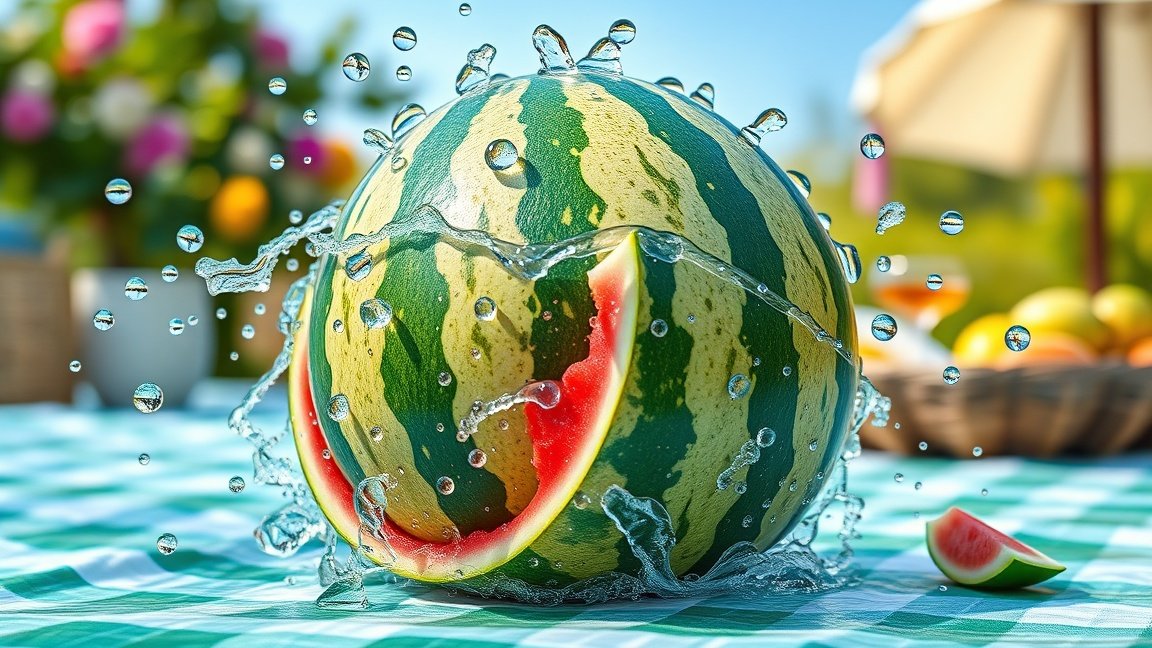 Friss görögdinnye vízcseppekkel, a hidratálás szimbóluma