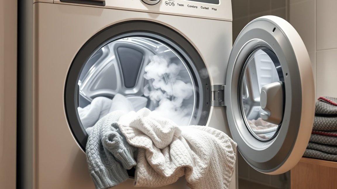 A Gőzmosógép Titkai: Higiénikus és Gyűrődésmentes Ruhák Nyomában 1 Gőzmosógép nyitott ajtaja, gőzölgő ruhákkal a tisztítás folyamatában.