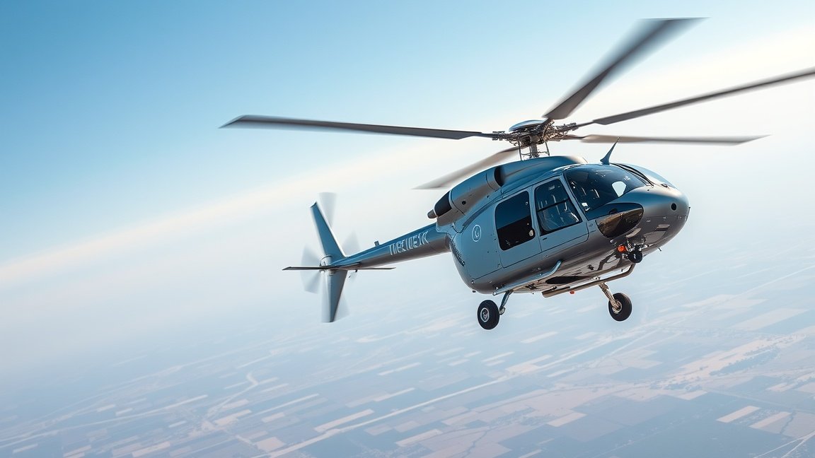 Modern helikopter a levegőben, rotorokkal és technológiával
