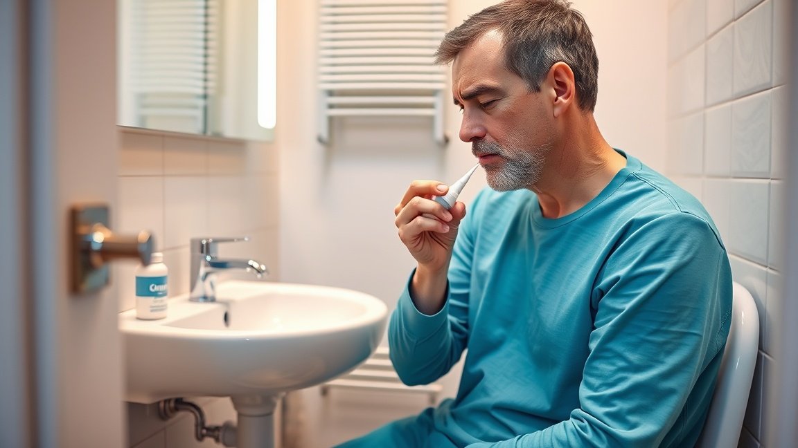 Férfi aranyér kezelése Hemorid kenőccsel egy vécén.