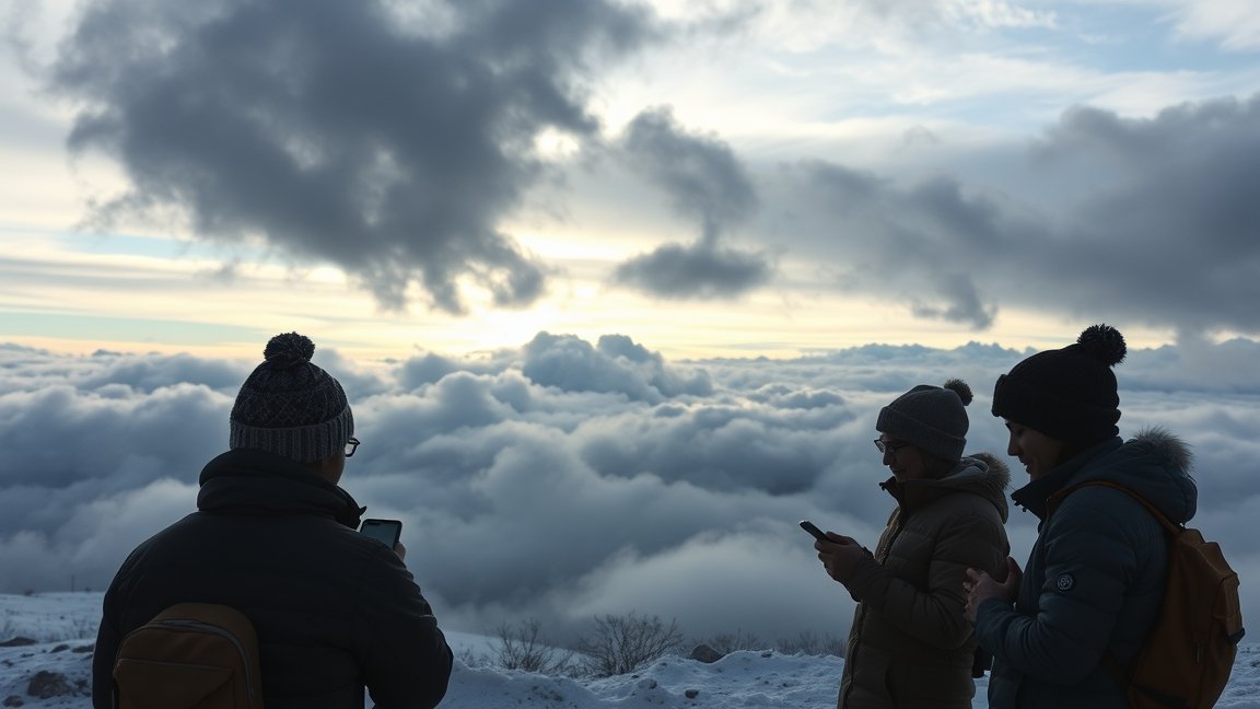 Három ember áll a felhők felett, hideg időben, mobiltelefonokat használva.