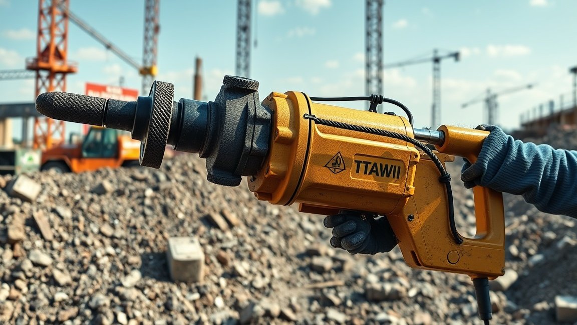 Hidraulikus bontókalapács munka közben egy építkezési területen.