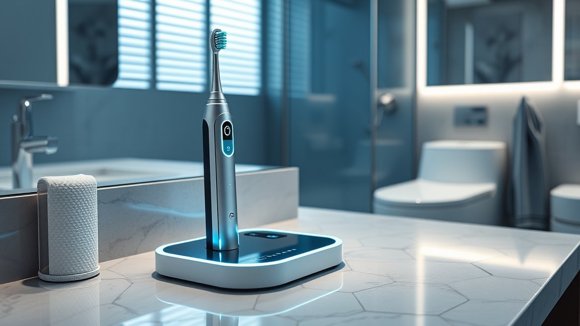 Elektromos fogkefe új töltéstechnológiával a fürdőszobában.