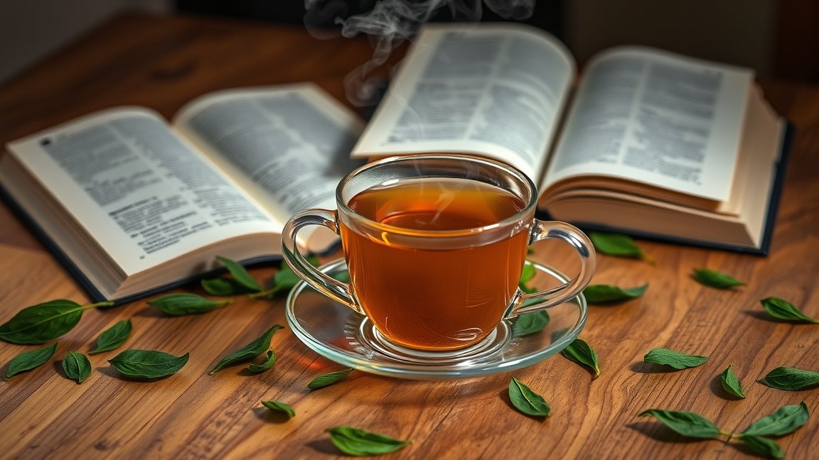 Java tea in a glass cup with fresh leaves and open books