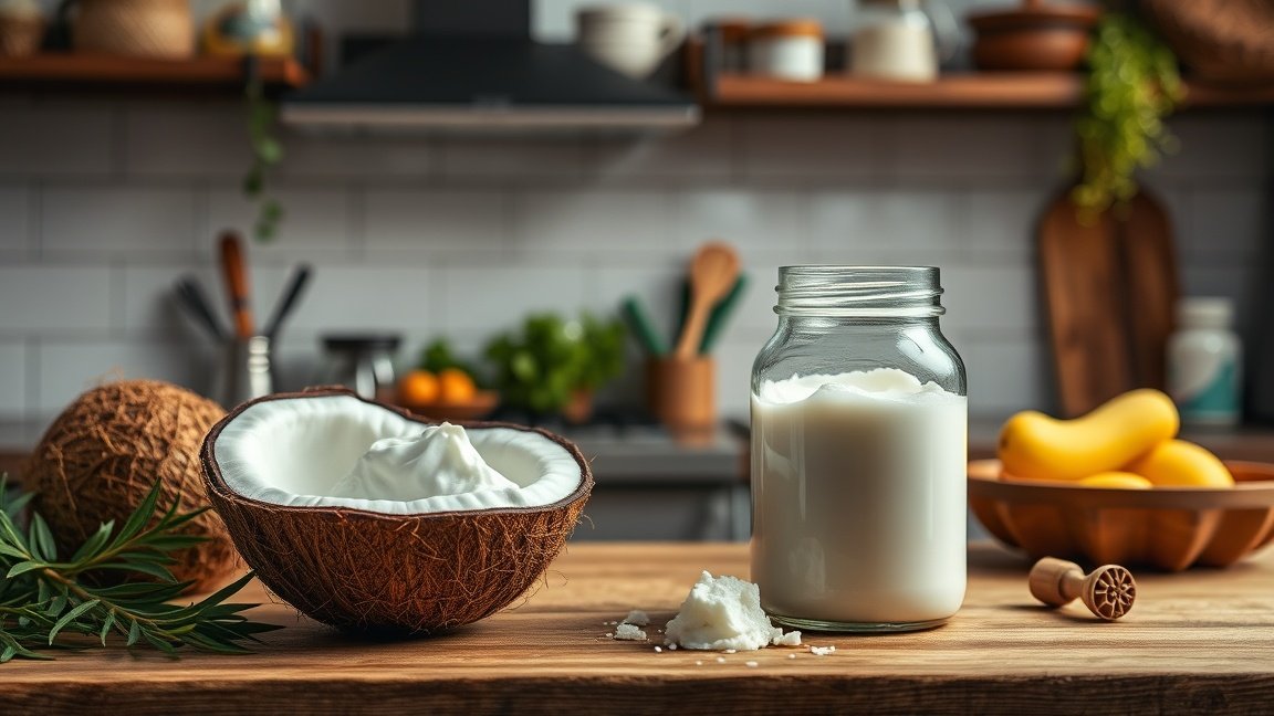 Kókuszzsír és kókuszdió, amelyek az egészséges táplálkozáshoz kapcsolódnak.