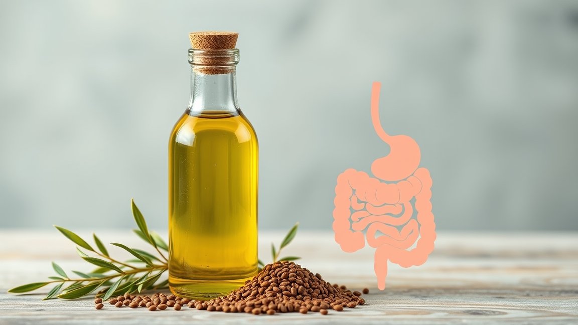 Köménymagolaj palack és köménymag, emésztési ikon háttérben.