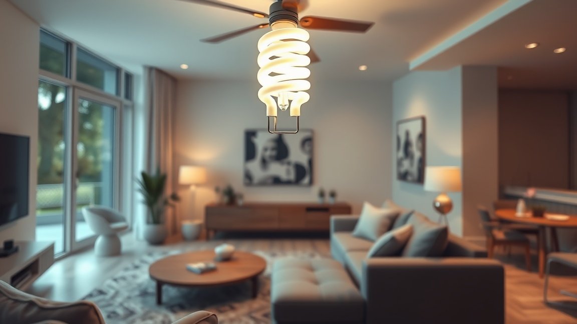 Kompakt fénycső világít egy modern nappaliban