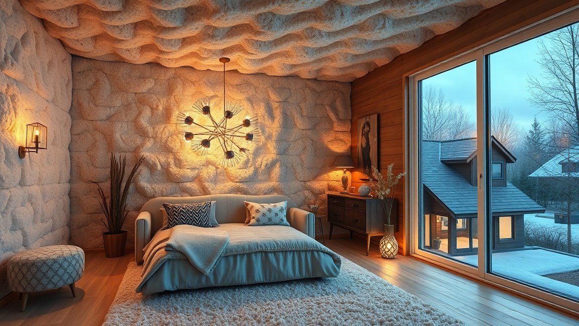 Kőzetgyapottal szigetelt modern nappali, világító dizájnokkal.