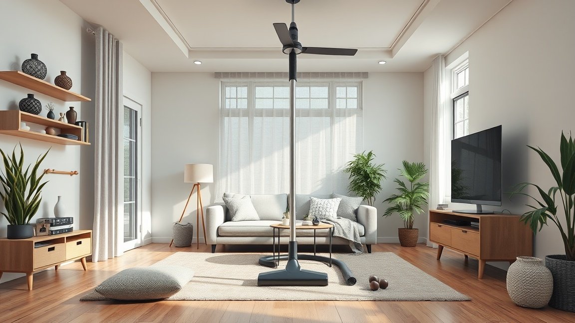 Központi porszívó használata otthon egy modern nappaliban