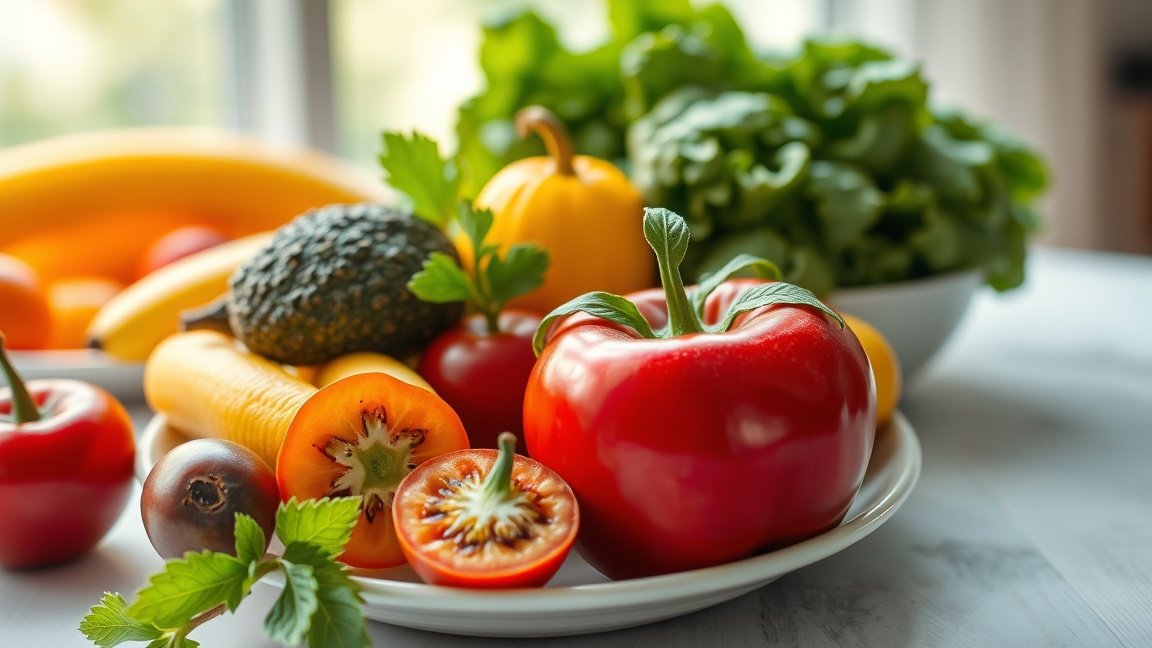 Friss zöldségek és gyümölcsök, köztük paprika és avokádó.