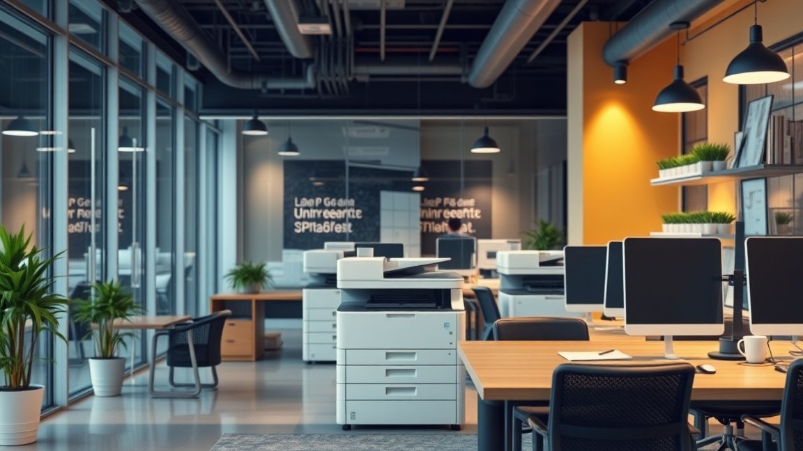 Modern iroda LED nyomtatókkal és számítógépekkel berendezve