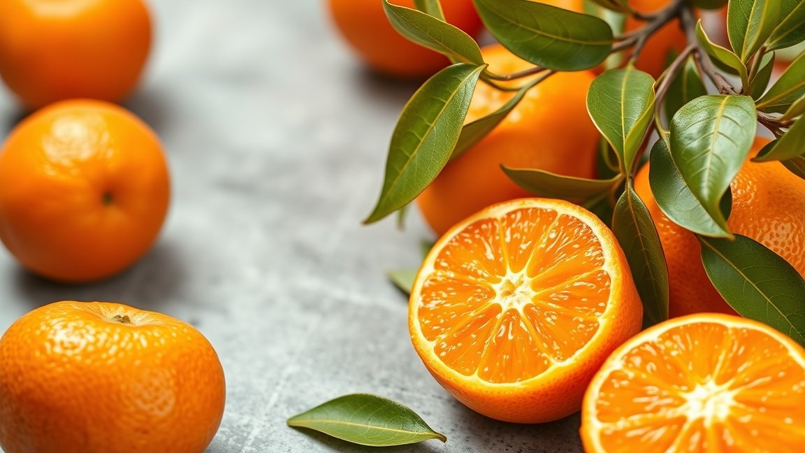 Friss mandarin gyümölcsök és levél, a tápláló emésztés támogatása érdekében